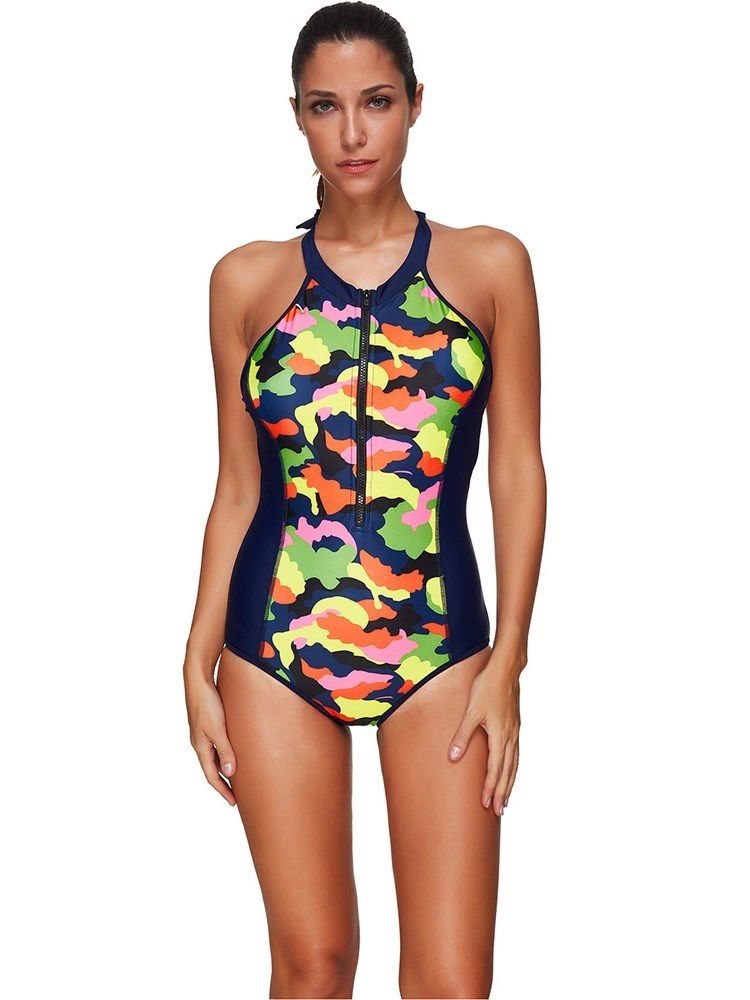 Bloco De Cores Feminino Camuflagem Zíper One Piece Monokini