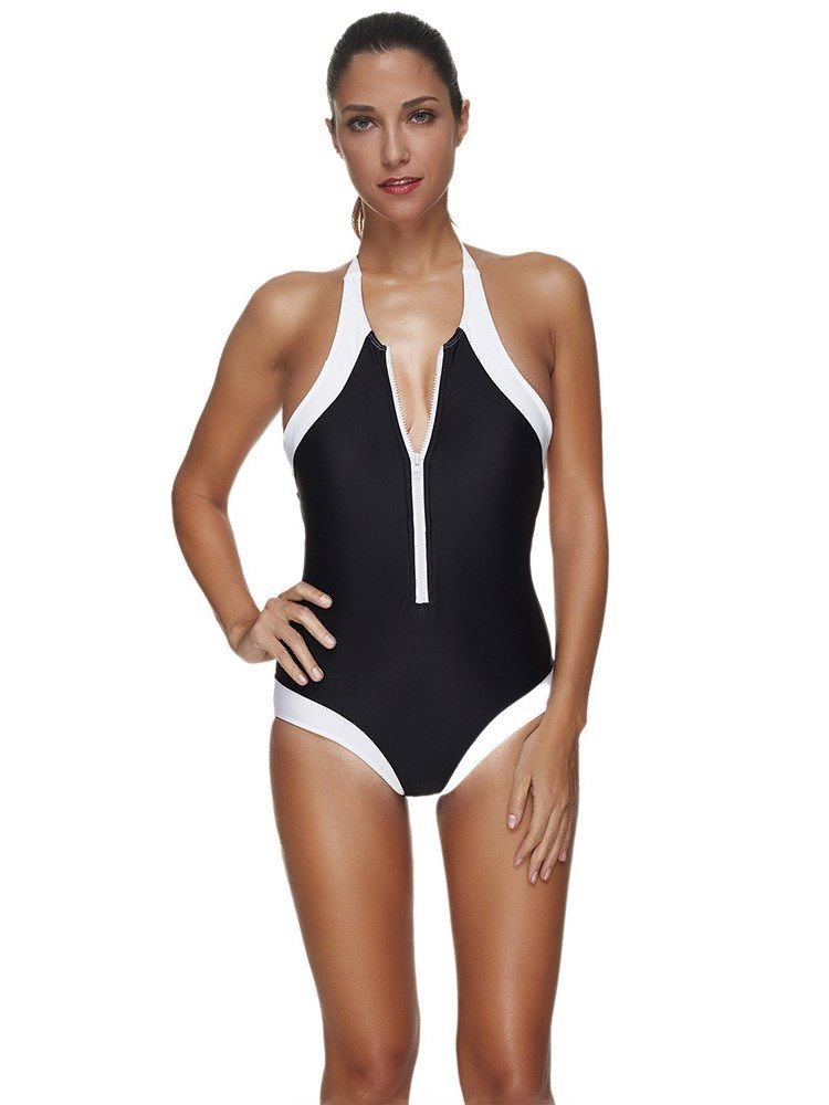 Bloco De Cores Feminino Camuflagem Zíper One Piece Monokini