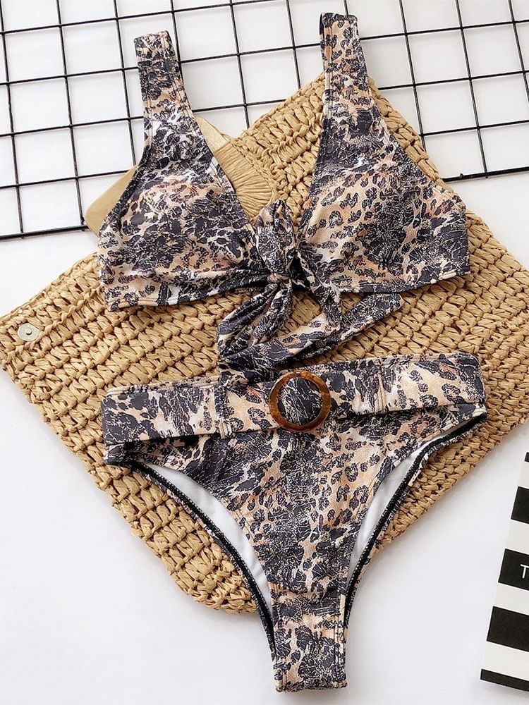 Conjunto De Biquíni Estampado Leopardo Com Bloco Colorido Feminino