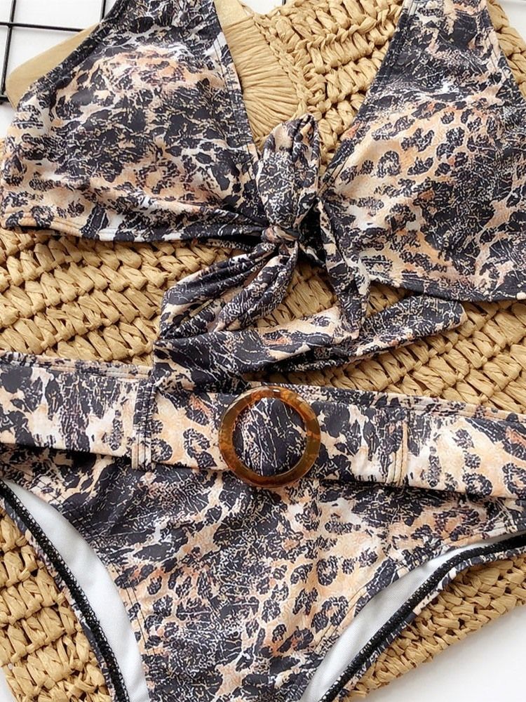 Conjunto De Biquíni Estampado Leopardo Com Bloco Colorido Feminino