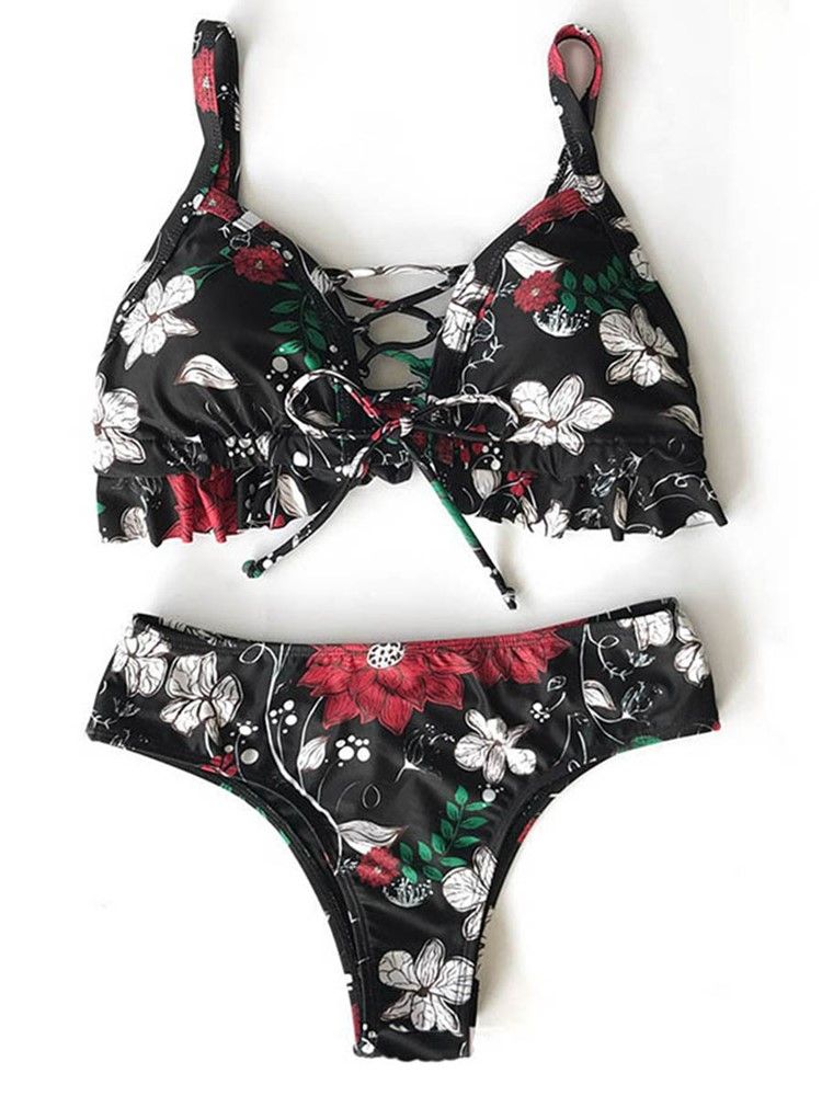 Conjunto De Biquíni Feminino Floral Com Renda Oca Sexy