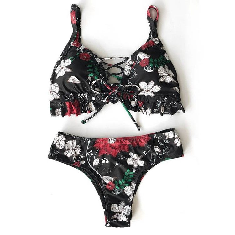 Conjunto De Biquíni Feminino Floral Com Renda Oca Sexy