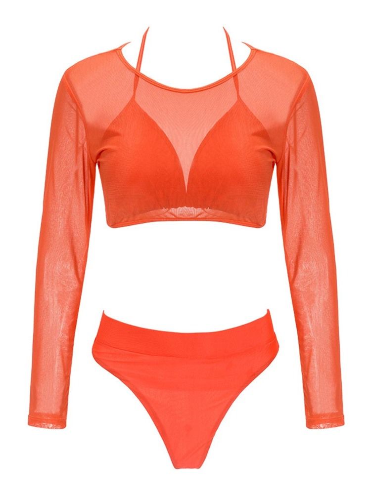 Conjunto De Biquíni Feminino Liso De Cintura Alta Com 3 Peças