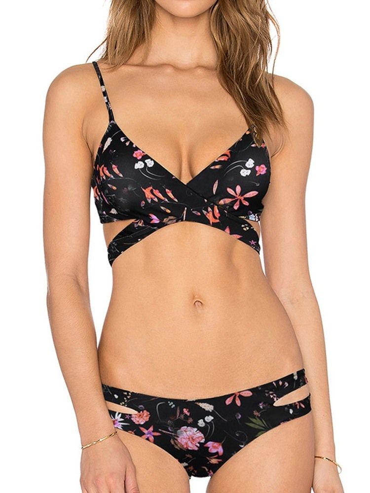 Fato De Banho Sexy Feminino Floral Com Cordões De Nylon