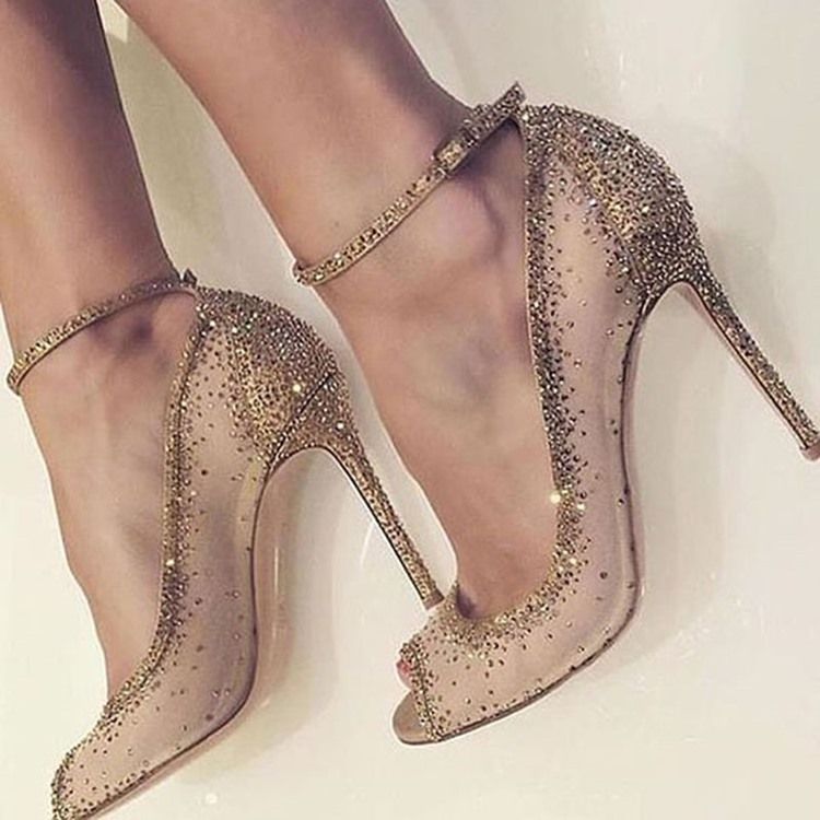 Bombas De Salto Agulha Com Strass Dourado Feminino Peep Toe