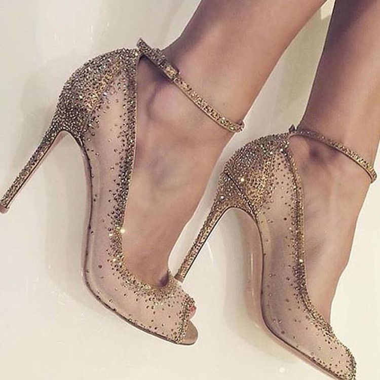 Bombas De Salto Agulha Com Strass Dourado Feminino Peep Toe