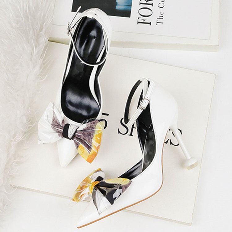 Bowknot Calcanhar Stiletto Toe Cor Block Bombas Femininas