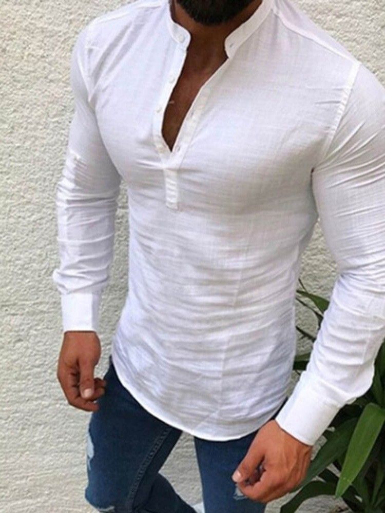 Botão Lapela Casual Manga Longa Camisa Slim Masculino