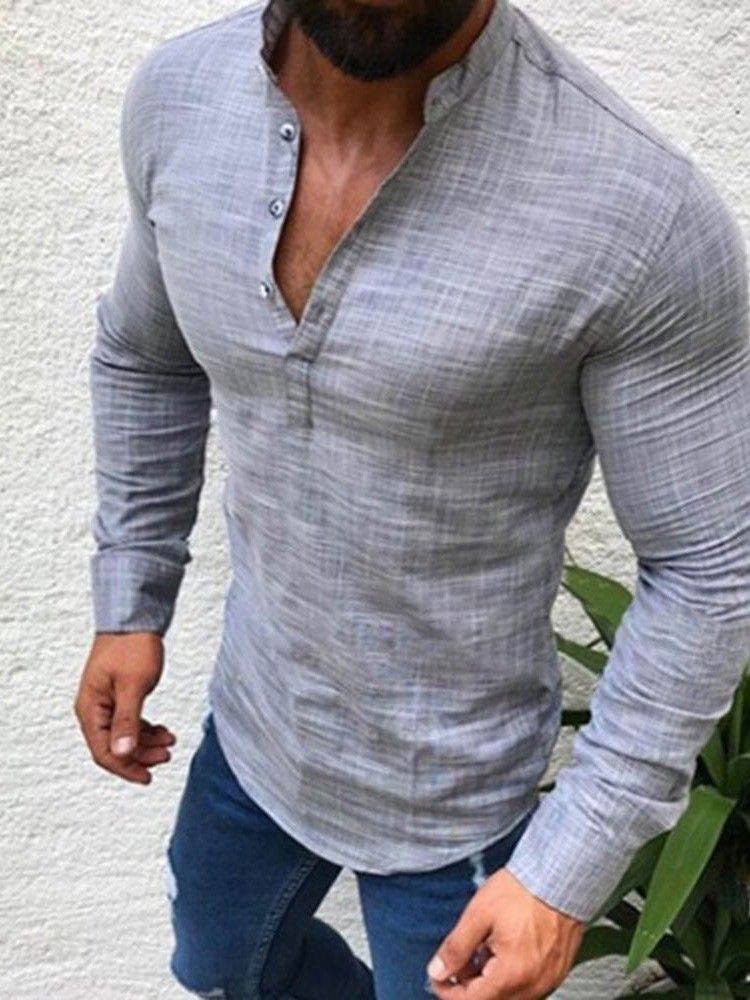 Botão Lapela Casual Manga Longa Camisa Slim Masculino