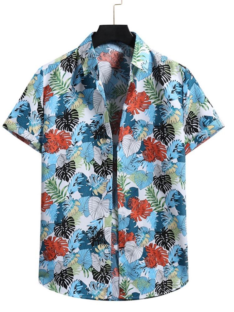 Camisa Casual De Lapela Floral Masculina Slim Com Peito Único