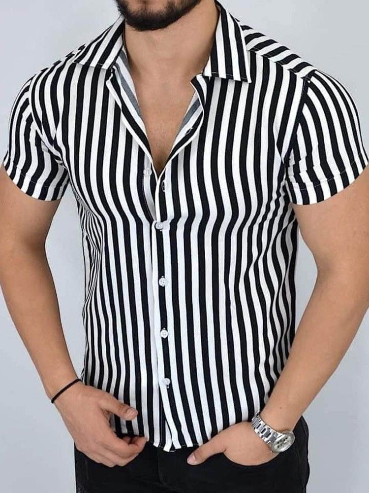 Camisa Casual De Lapela Listrada De Peito Único Masculino