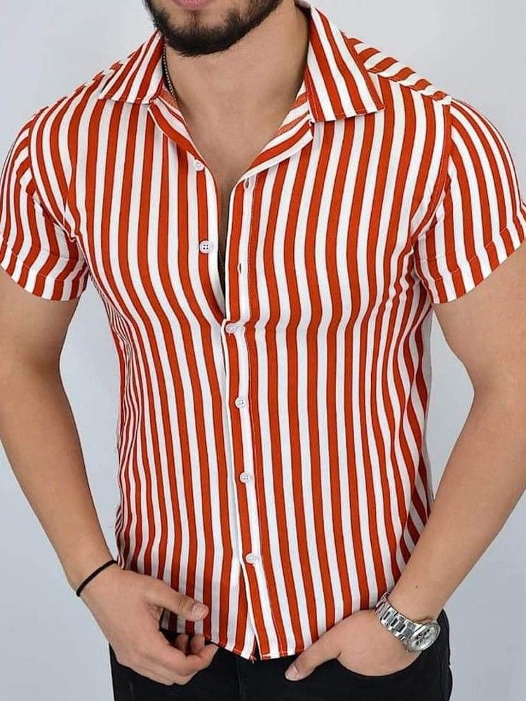 Camisa Casual De Lapela Listrada De Peito Único Masculino