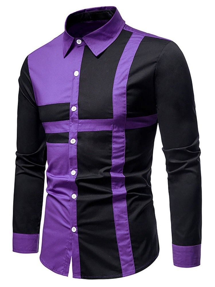 Camisa Casual Patchwork Color Block Fall Single Breasted Masculino