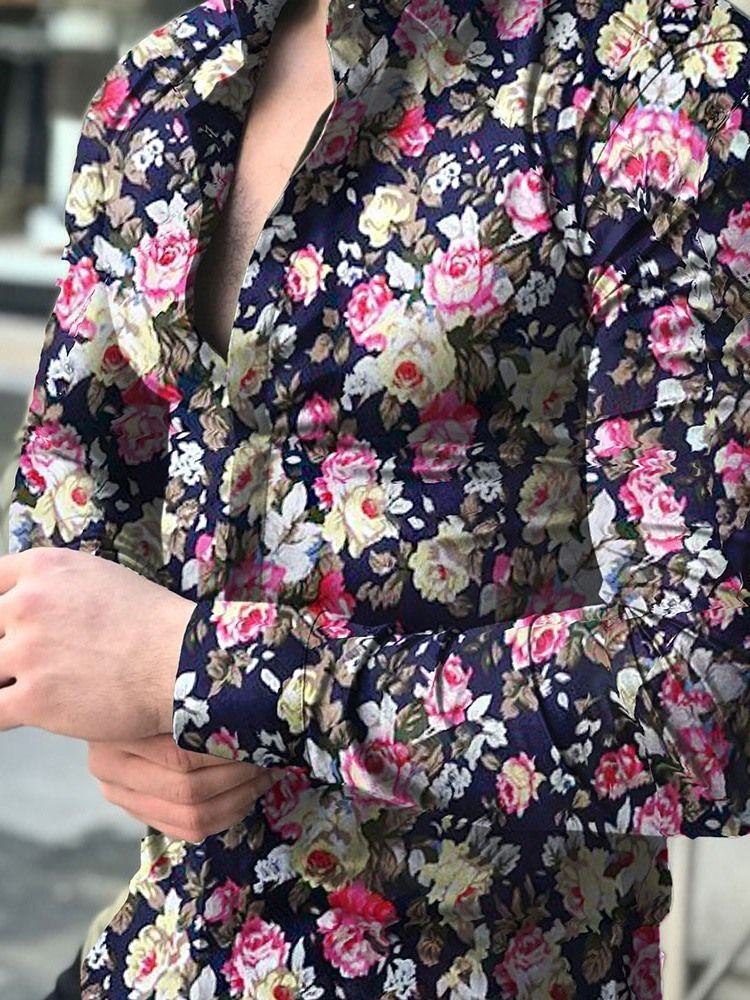 Camisa Feminina Slim Com Estampa De Lapela Floral De Peito Único