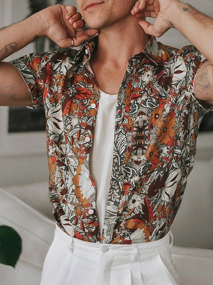 Camisa Floral Lapela De Peito Único Masculino