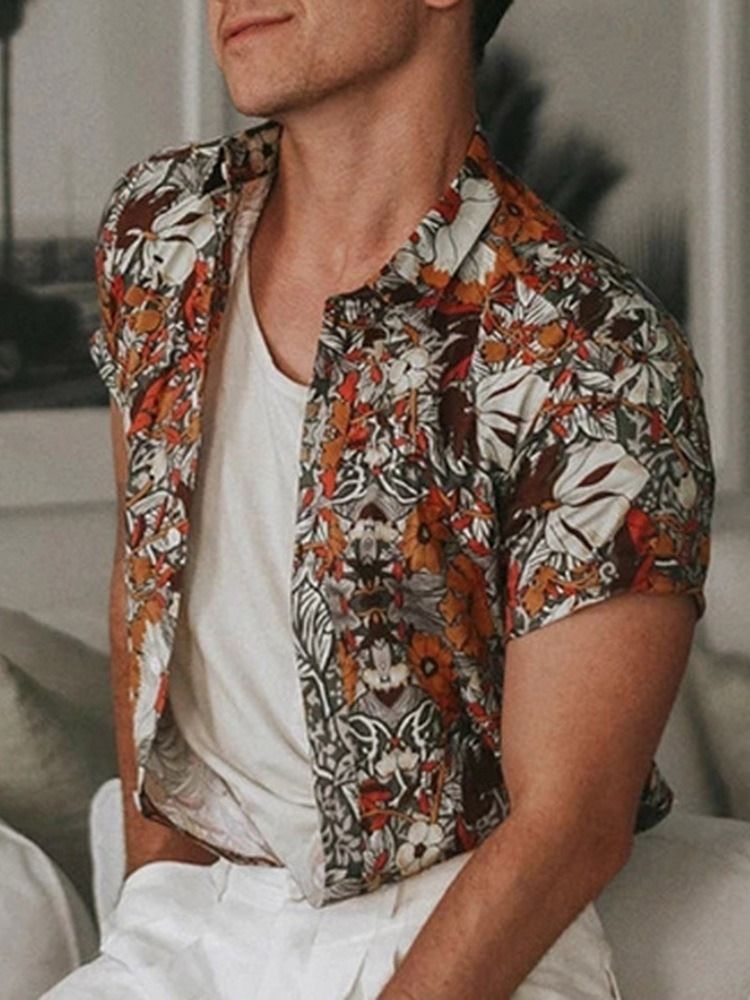 Camisa Floral Lapela De Peito Único Masculino