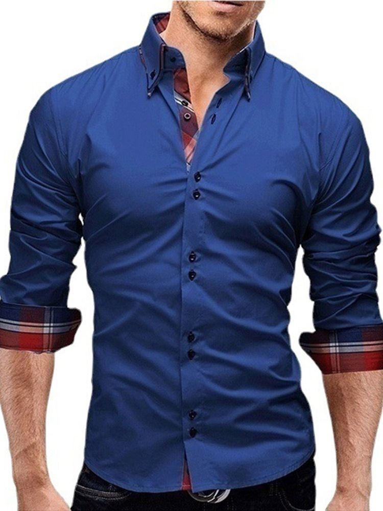 Camisa Justa Masculina Com Estampa Xadrez Casual Botão Lapela