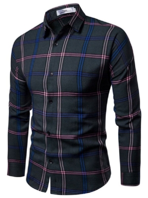 Camisa De Lapela Xadrez Com Estampa Única De Peito Masculino