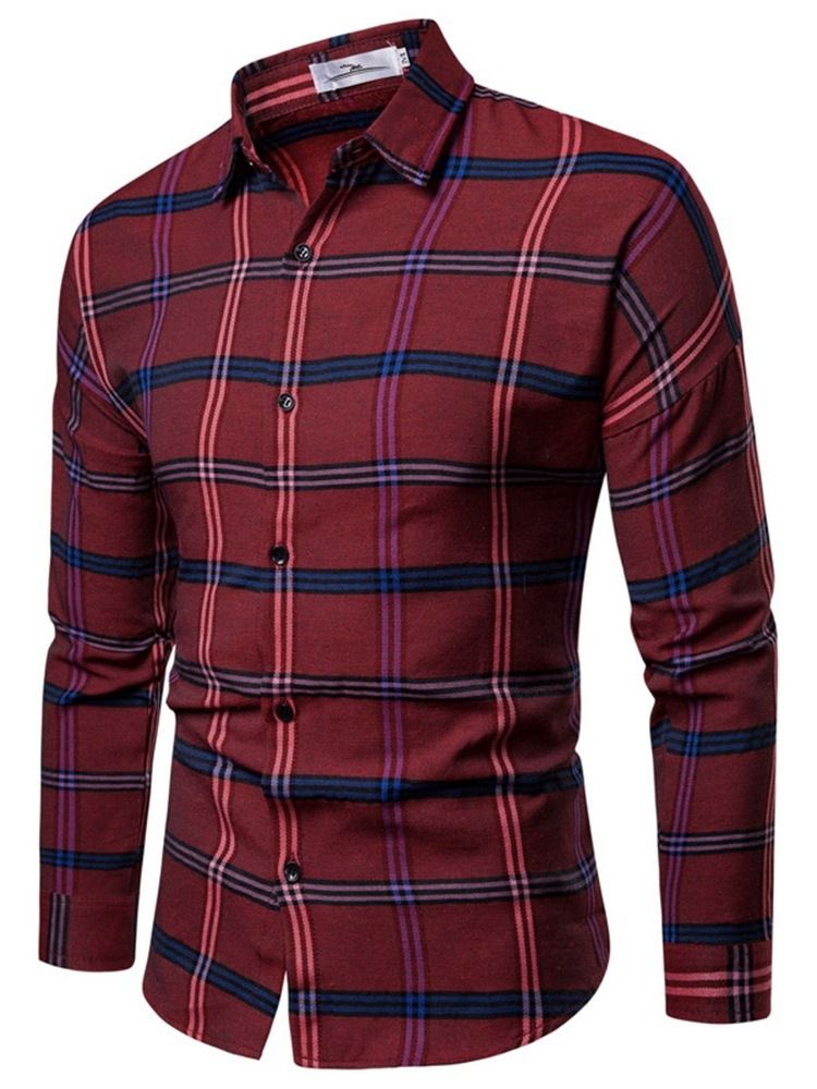 Camisa De Lapela Xadrez Com Estampa Única De Peito Masculino