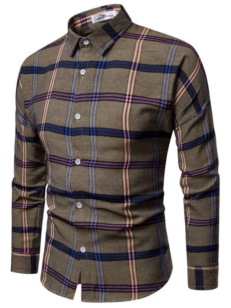 Camisa De Lapela Xadrez Com Estampa Única De Peito Masculino