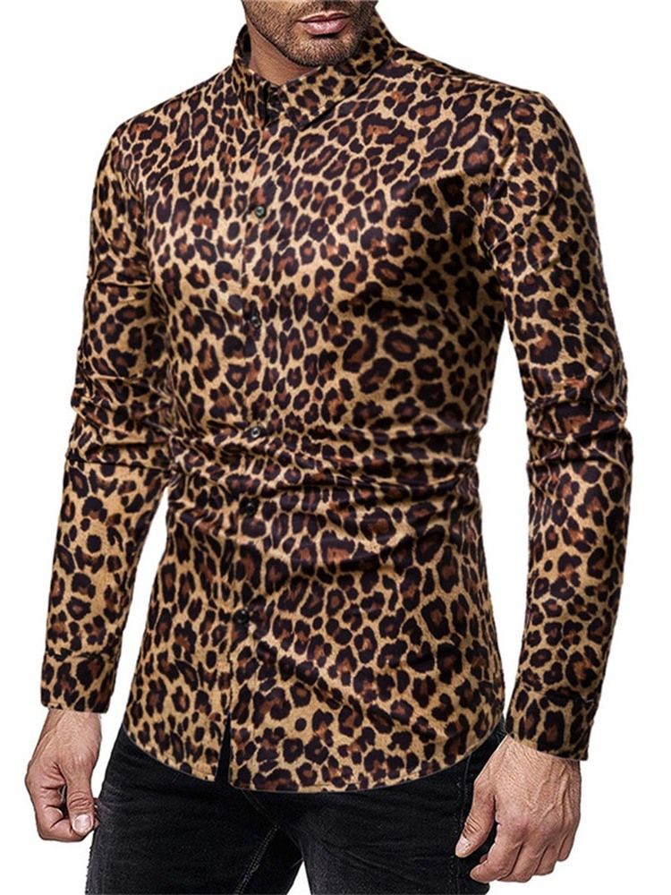 Camisa Masculina Casual Estampa Leopardo De Peito Único