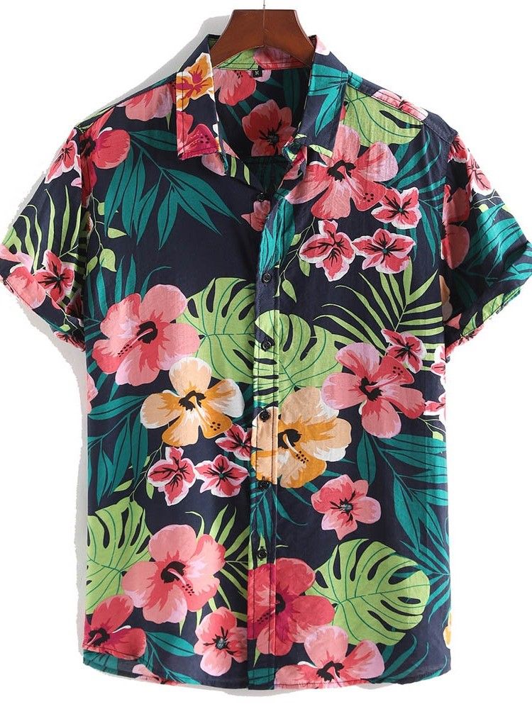 Camisa Masculina Estampada Casual Floral Lapela De Peito Único