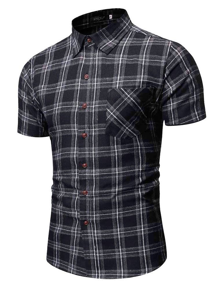 Camisa Masculina De Lapela Estampada Xadrez De Peito Único