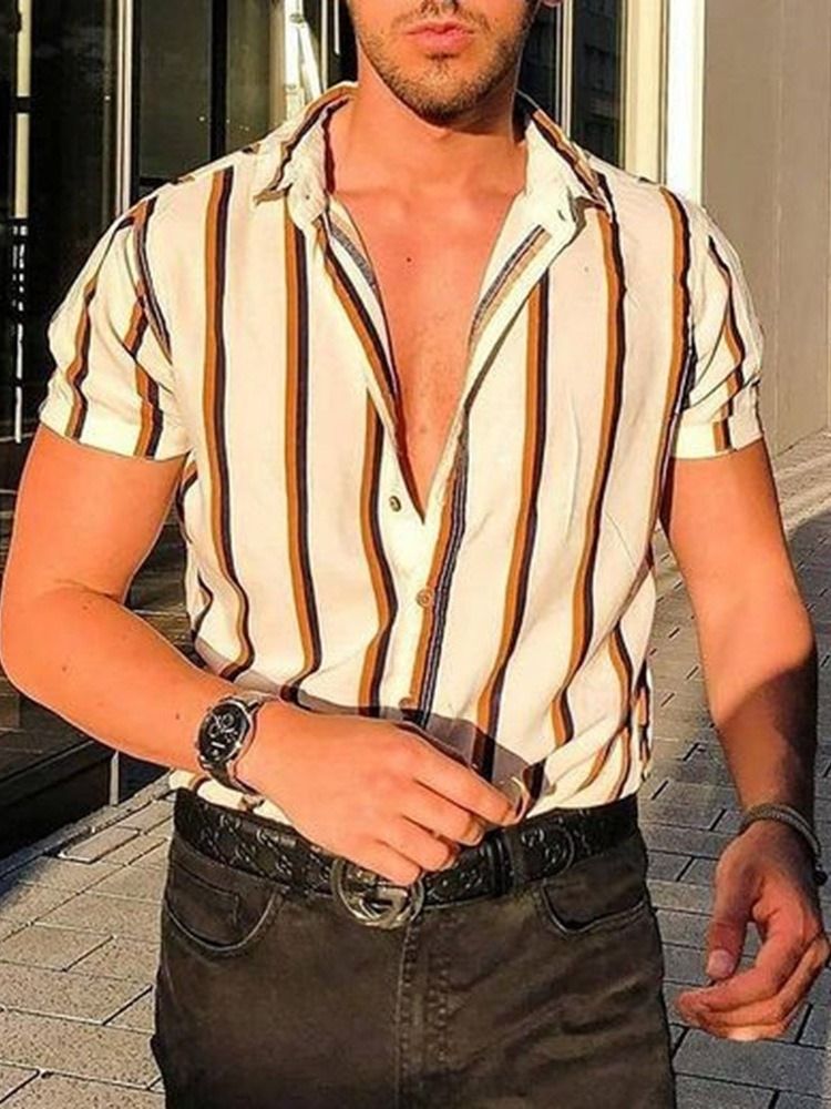 Camisa Masculina De Lapela Listrada De Peito Único