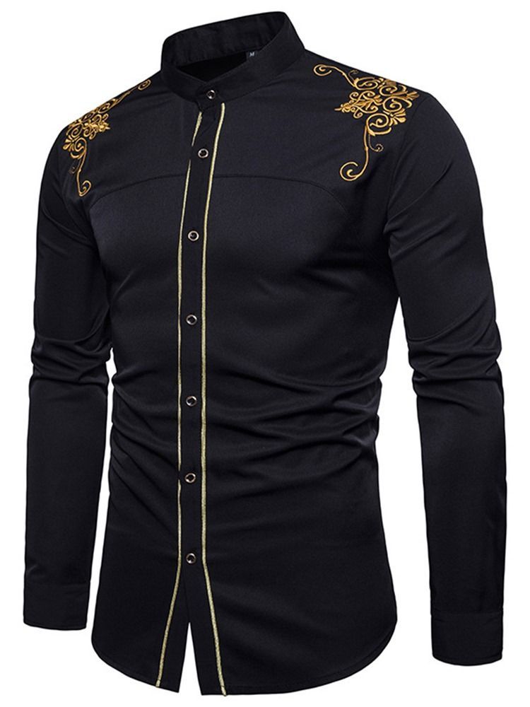 Camisa De Peito Único Masculino Com Bordado Dourado Liso