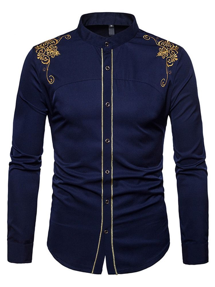 Camisa De Peito Único Masculino Com Bordado Dourado Liso