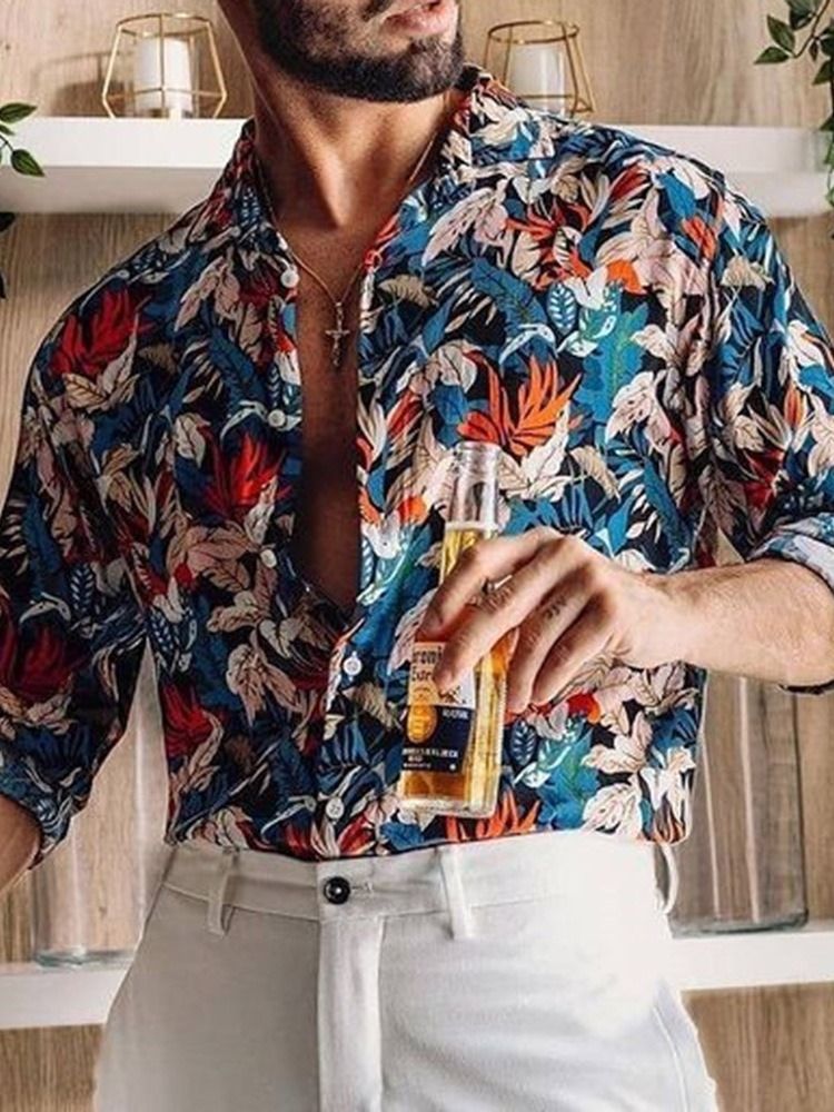 Camisa Slim Casual Lapela Floral Masculina