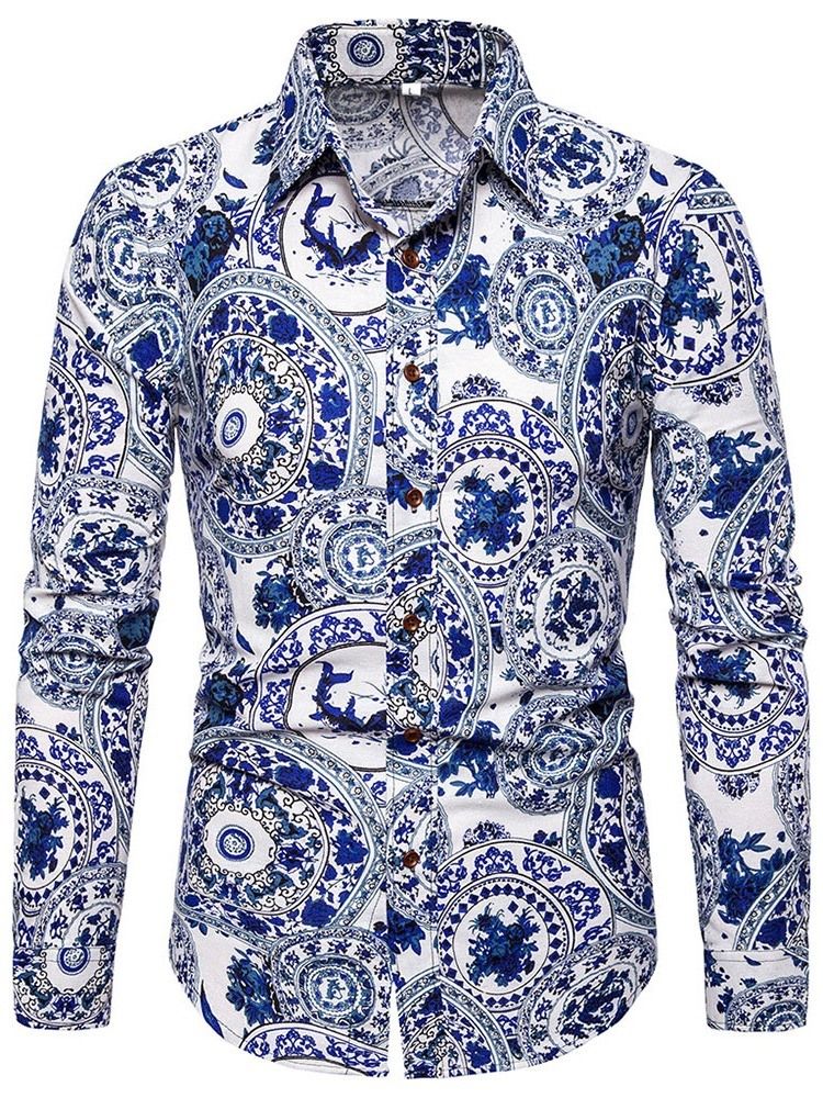 Camisa Slim Com Estampa De Lapela Floral Masculina De Peito Único