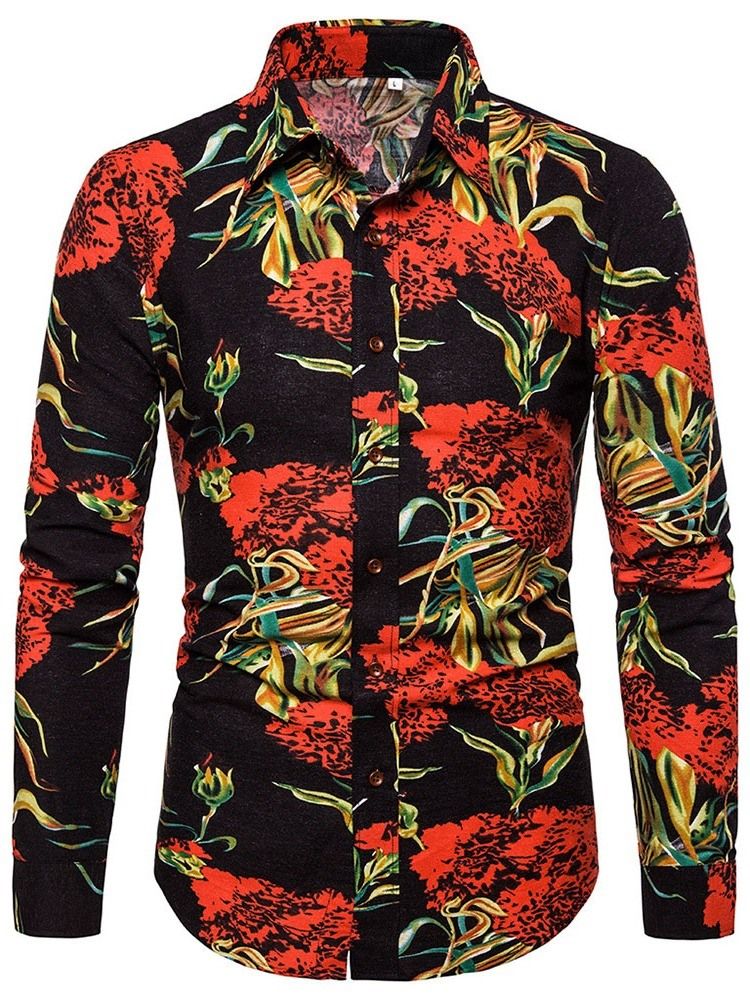 Camisa Slim Com Estampa De Lapela Floral Masculina De Peito Único