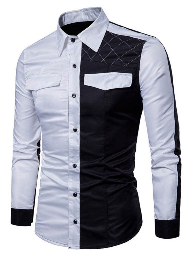 Camisa Slim Masculina Casual Color Block Pocket