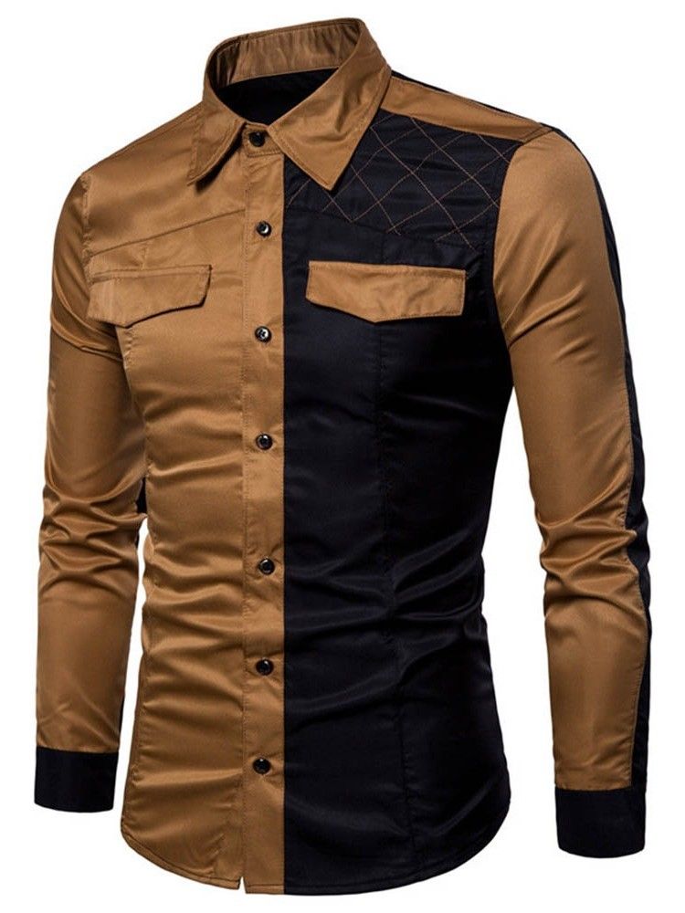 Camisa Slim Masculina Casual Color Block Pocket