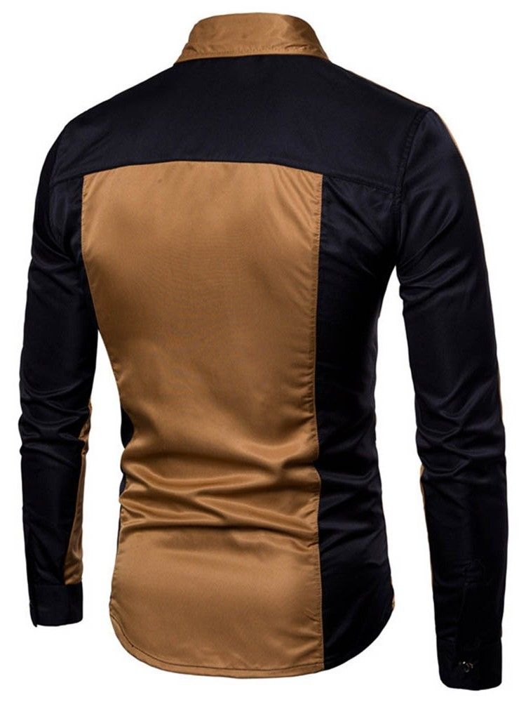 Camisa Slim Masculina Casual Color Block Pocket