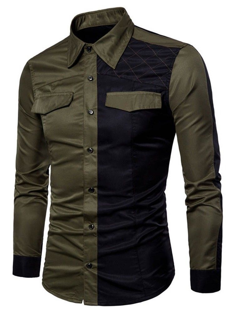 Camisa Slim Masculina Casual Color Block Pocket