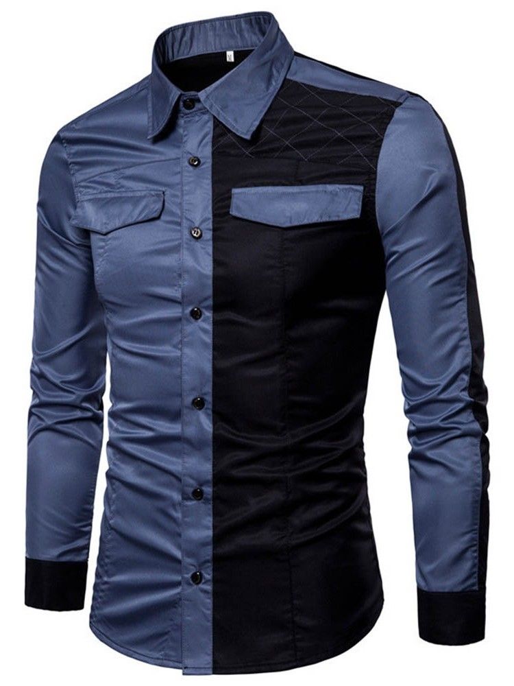 Camisa Slim Masculina Casual Color Block Pocket