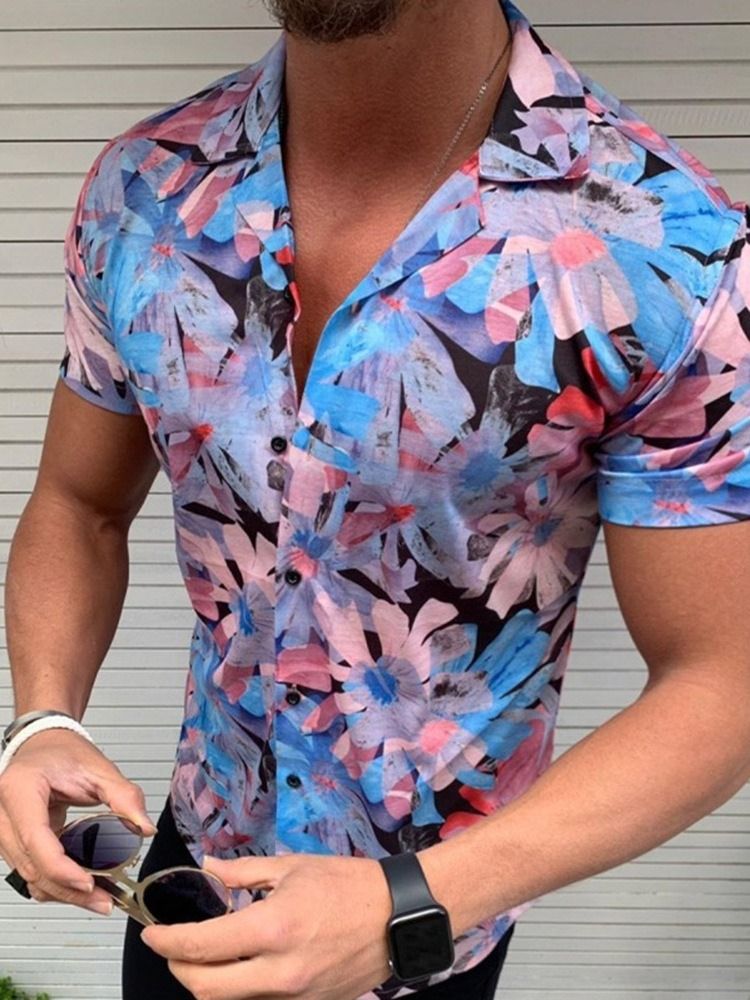 Camisa Slim Masculina Casual Estampada De Lapela Manga Curta