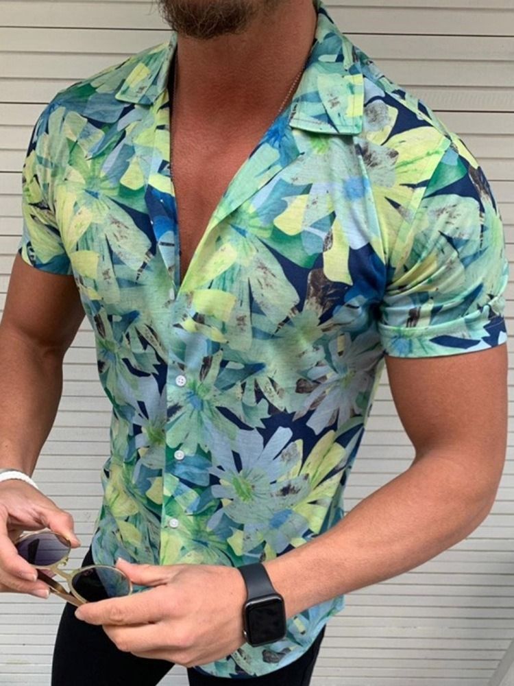 Camisa Slim Masculina Casual Estampada De Lapela Manga Curta