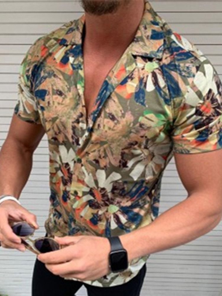 Camisa Slim Masculina Casual Estampada De Lapela Manga Curta