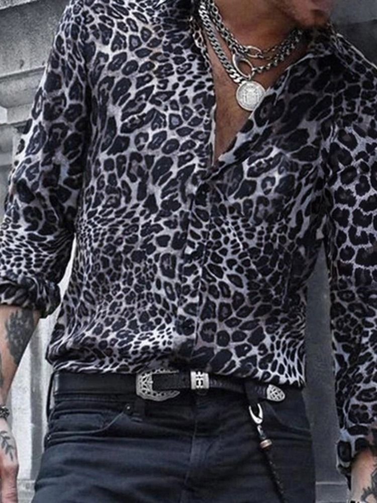 Camisa Slim Masculina Casual Lapela Leopardo