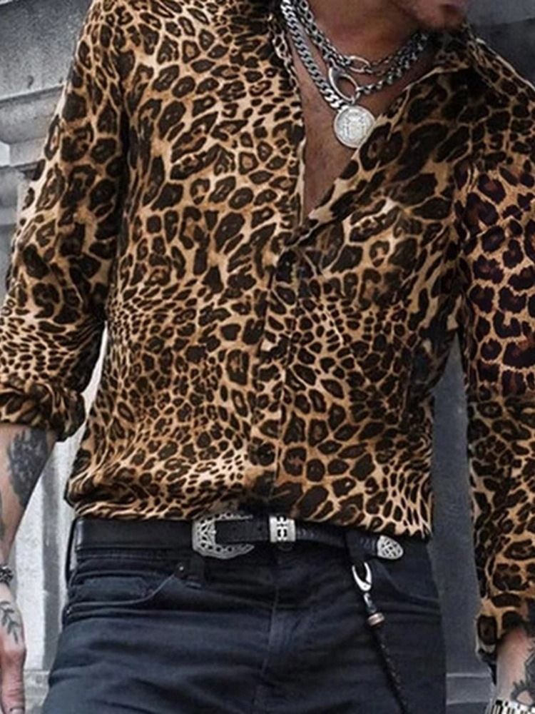 Camisa Slim Masculina Casual Lapela Leopardo