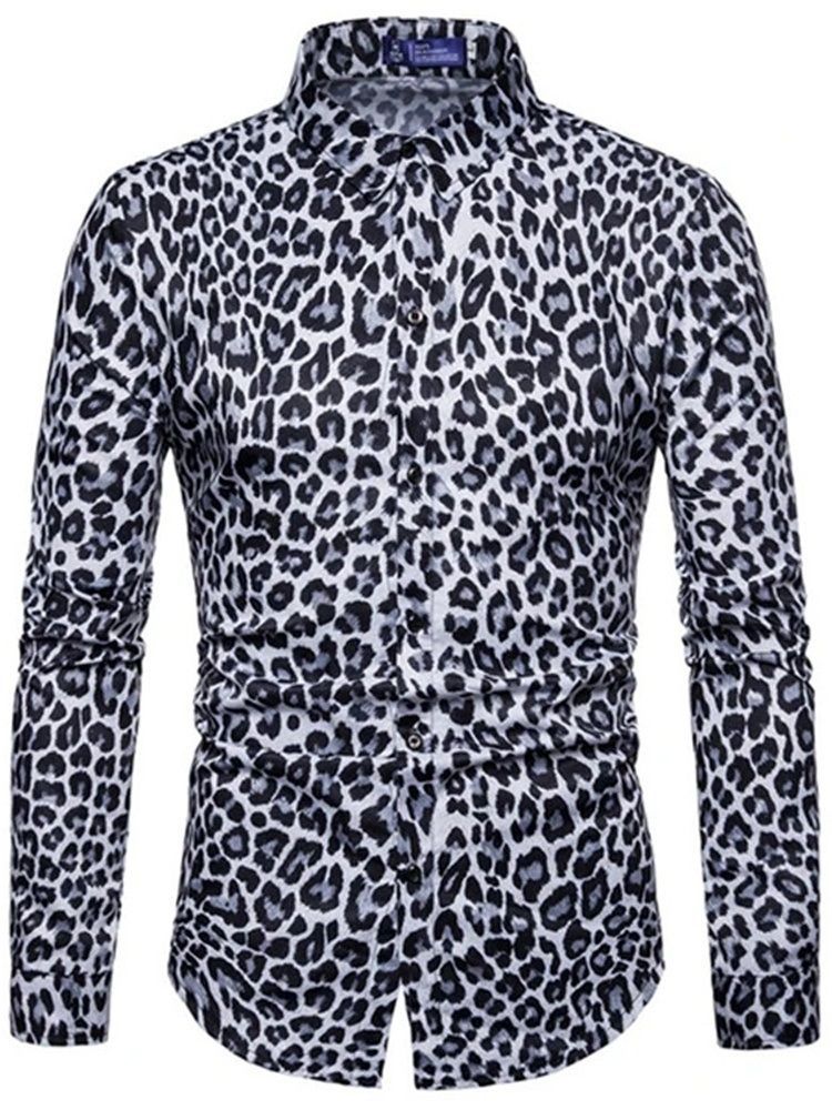 Camisa Slim Masculina Casual Lapela Leopardo