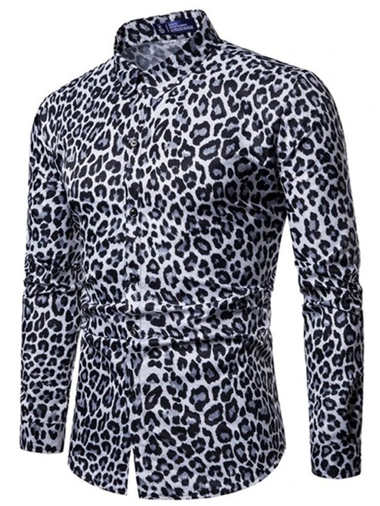 Camisa Slim Masculina Casual Lapela Leopardo