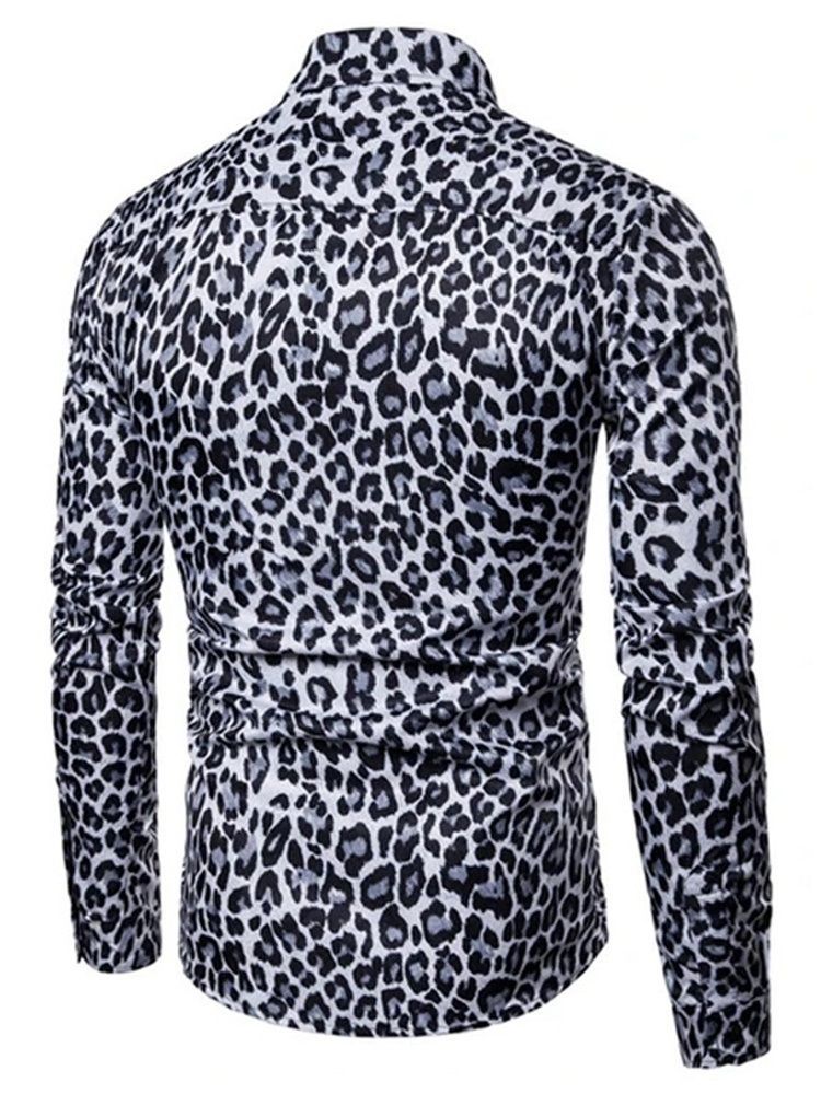 Camisa Slim Masculina Casual Lapela Leopardo