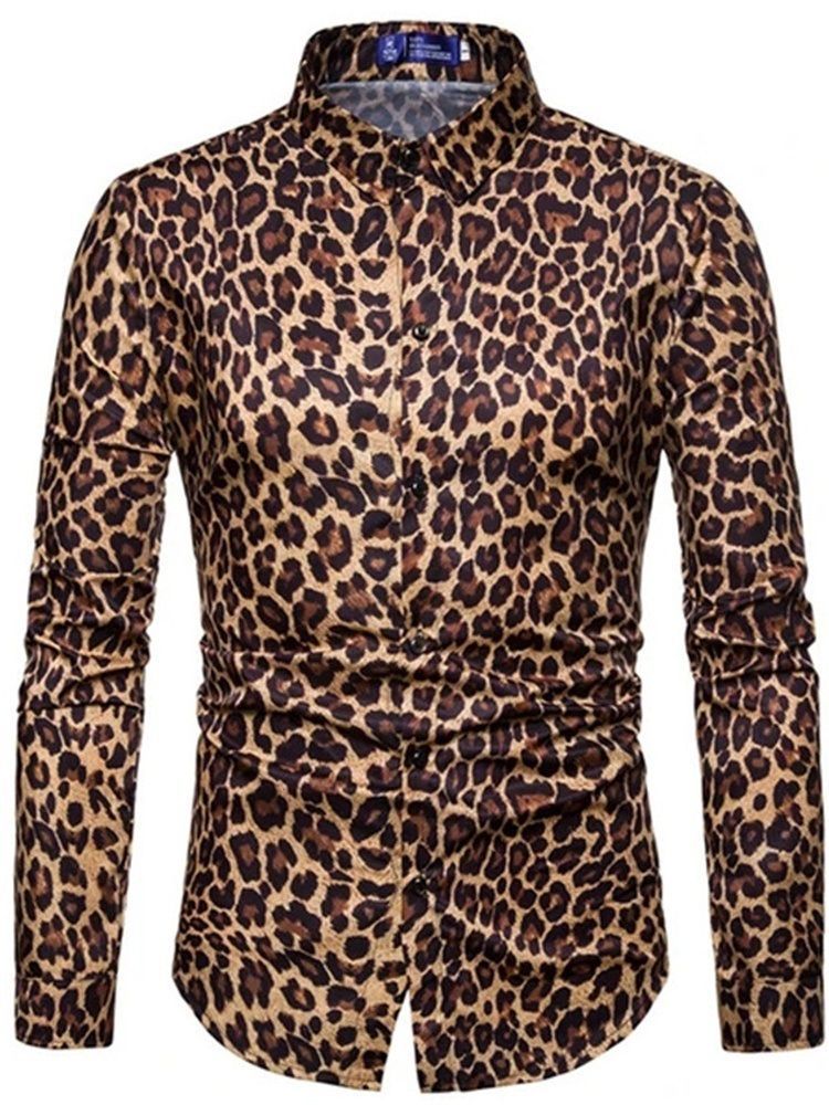 Camisa Slim Masculina Casual Lapela Leopardo