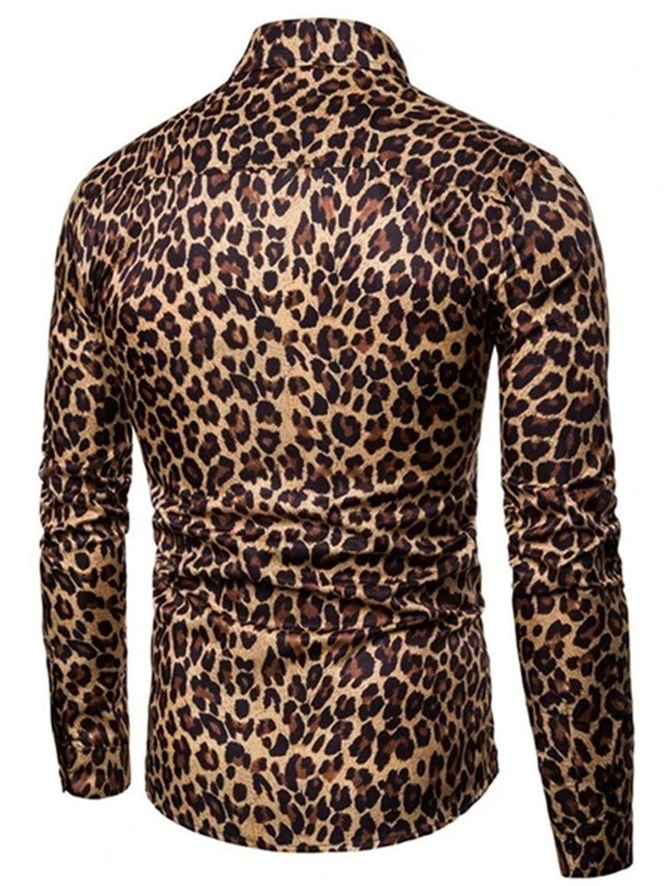 Camisa Slim Masculina Casual Lapela Leopardo