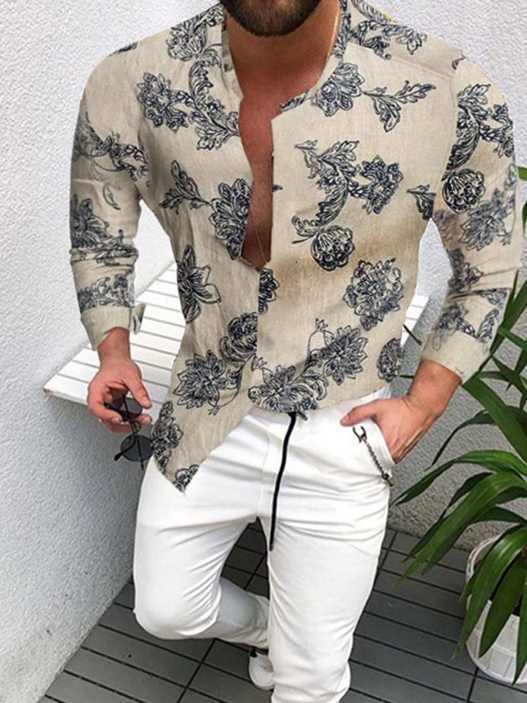 Camisa Slim Masculina De Estampa Floral Com Peito Único