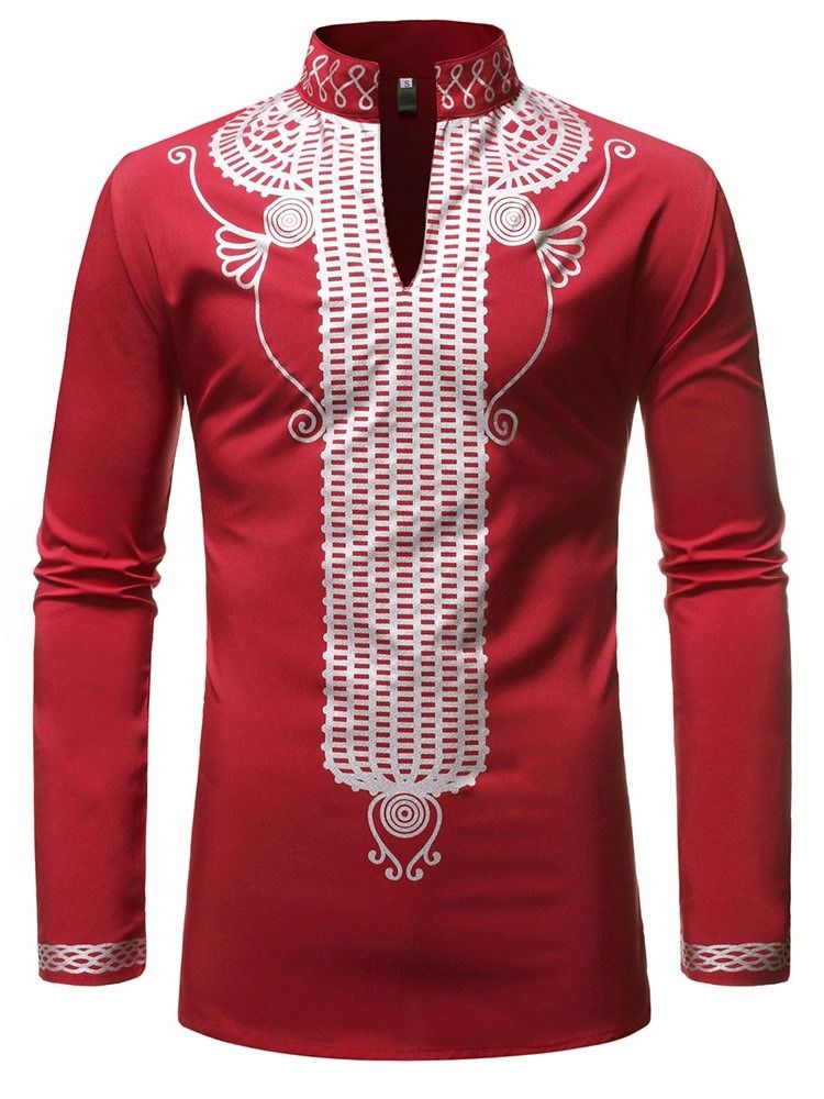 Camisa Slim Masculina De Gola Étnica Com Suporte Geométrico